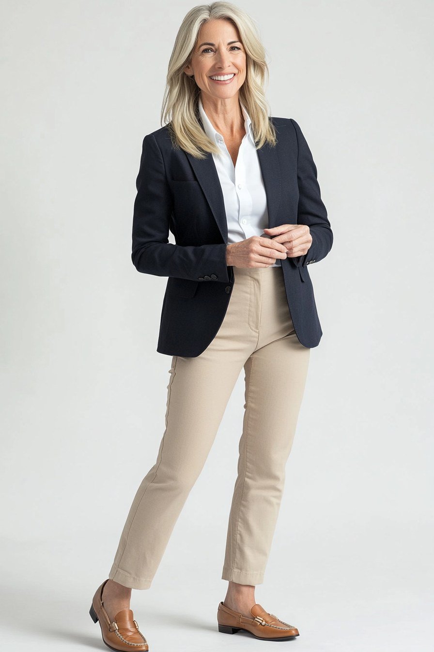 Navy Blazer with White Shirt and Beige Chinos - work outfit idea for women over 50