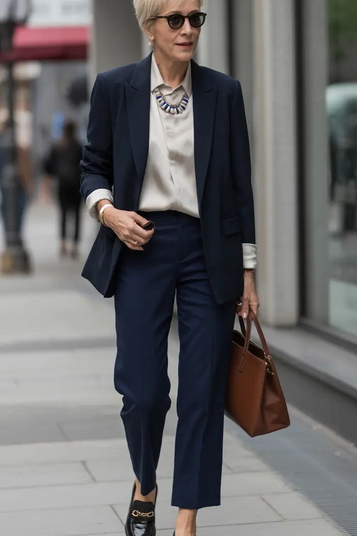 Navy Blazer with Navy Trousers on the Street - work outfit idea for women over 50