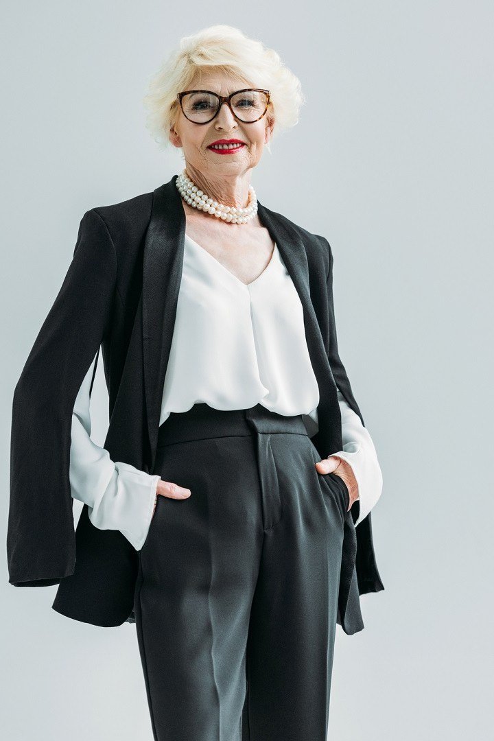 Black Blazer with White Satin Blouse and Black Trousers - work outfit idea for women over 50