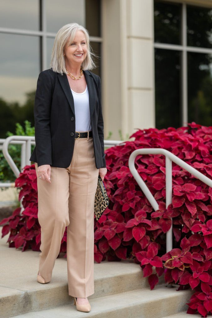 Black Blazer with Blush Wide-Leg Trousers - work outfit idea for women over 50