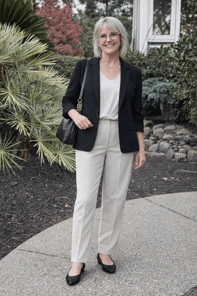 Black Blazer with Cream Trousers in the Garden - work outfit idea for women over 50