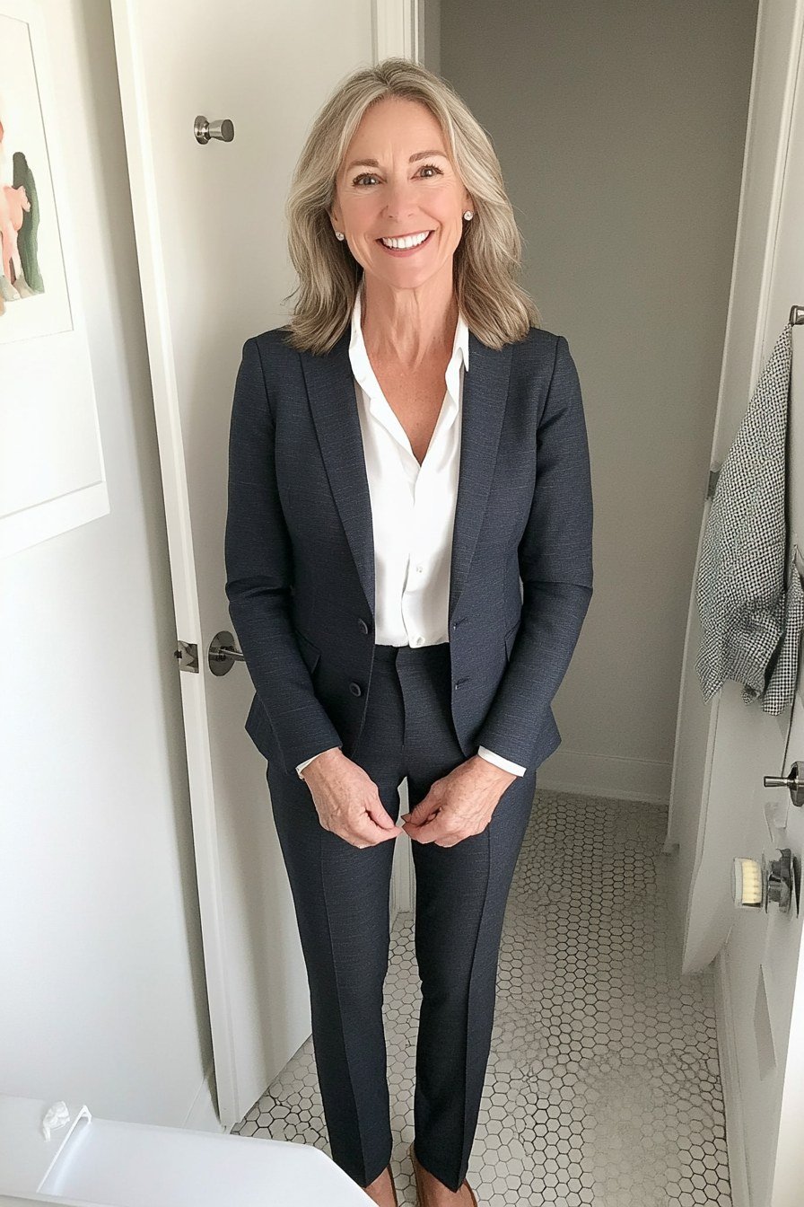 Black Blazer with White Shirt and Black Trousers - work outfit idea for women over 50