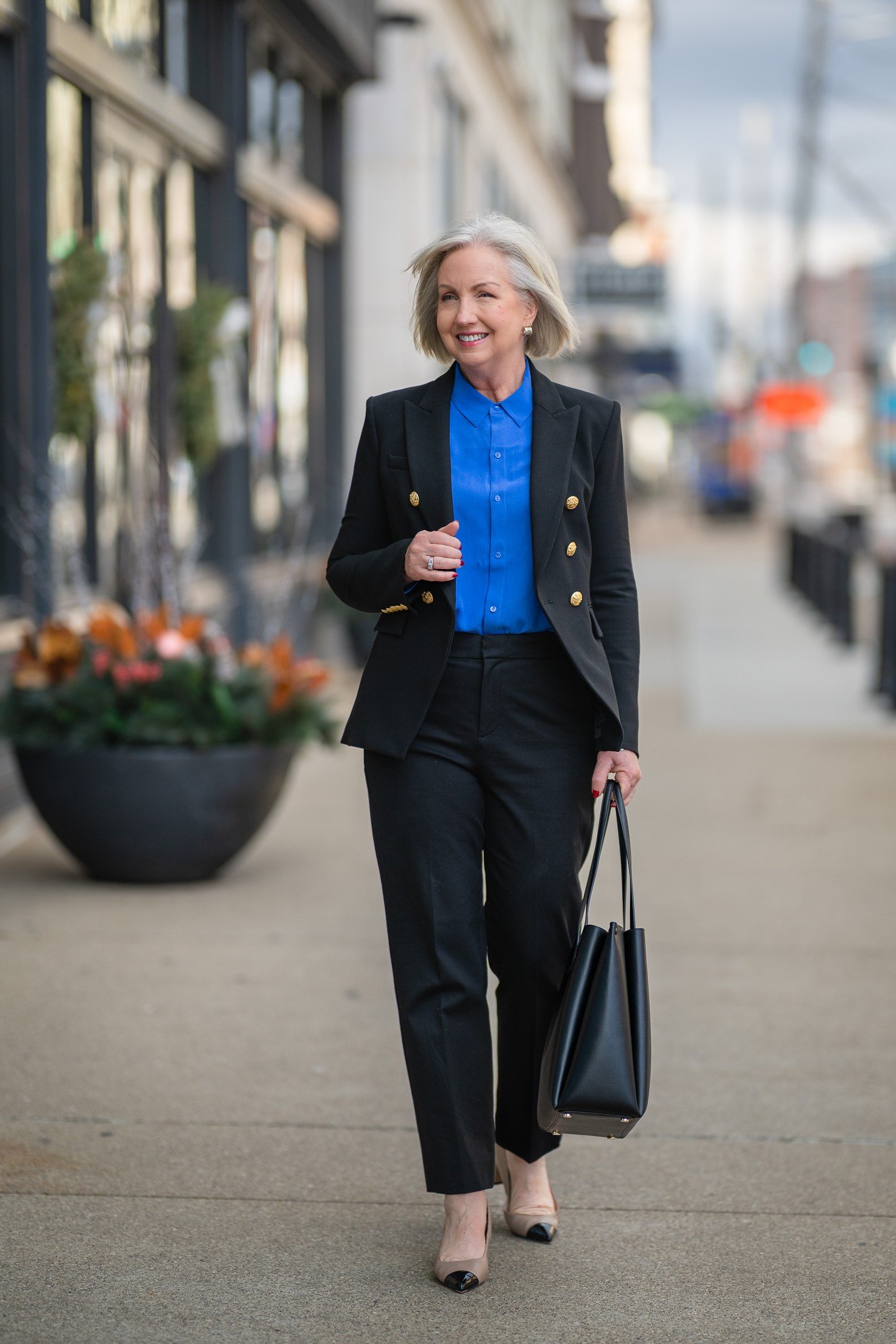 Black Blazer with Blue Shirt on the Street - work outfit idea for women over 50