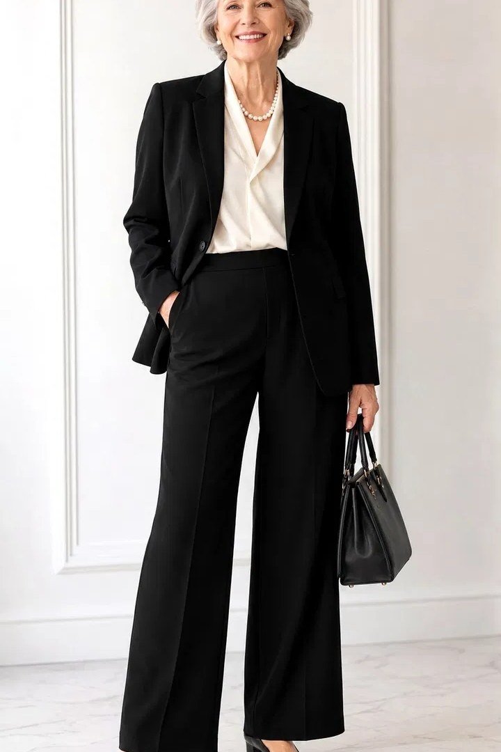 Black Blazer with Black Wide-Leg Trousers - work outfit idea for women over 50