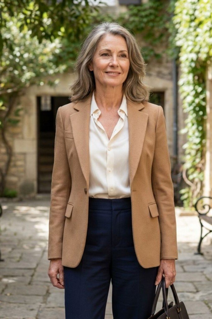 Camel Blazer with Cream Silk Shirt and Navy Trousers - work outfit idea for women over 50