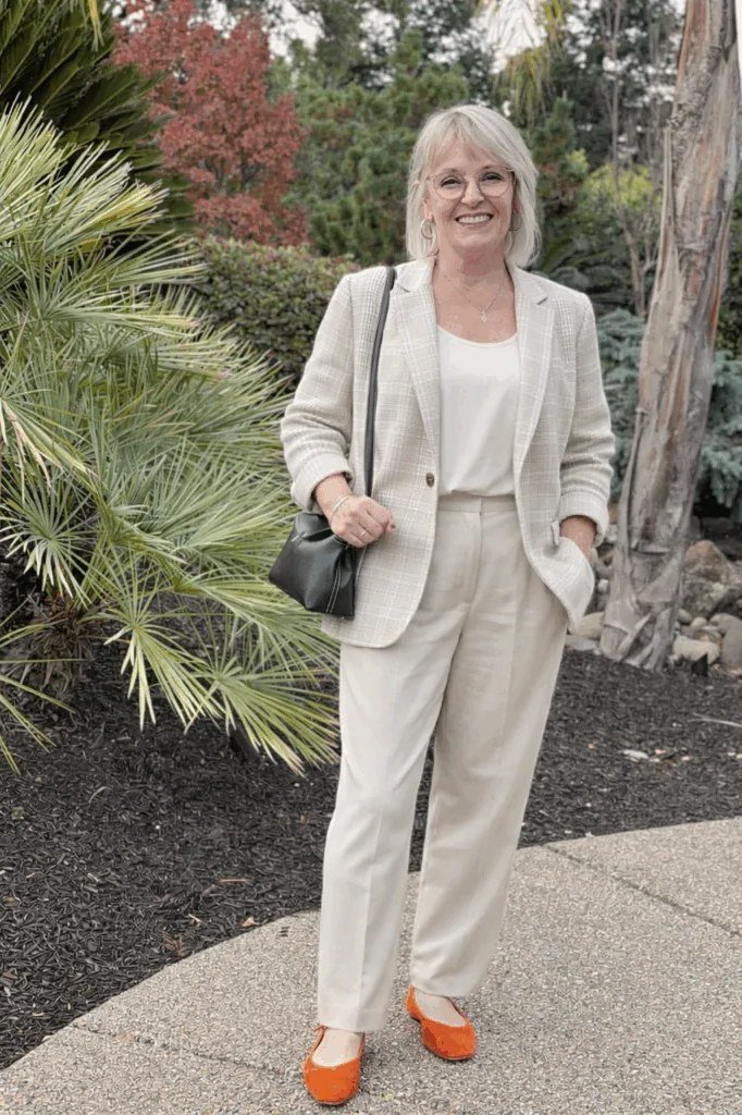 Cream Blazer Suit with Orange Flats - work outfit idea for women over 50