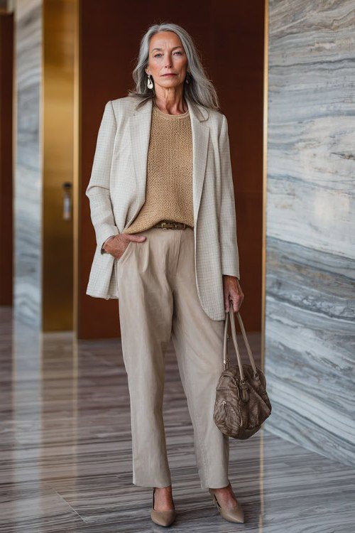 Cream Blazer with Camel Sweater and Beige Trousers - work outfit idea for women over 50