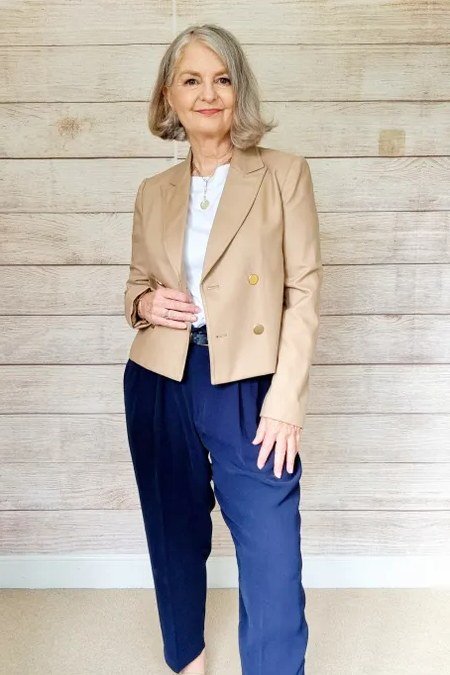 Camel Blazer with Cobalt Blue Trousers - work outfit idea for women over 50