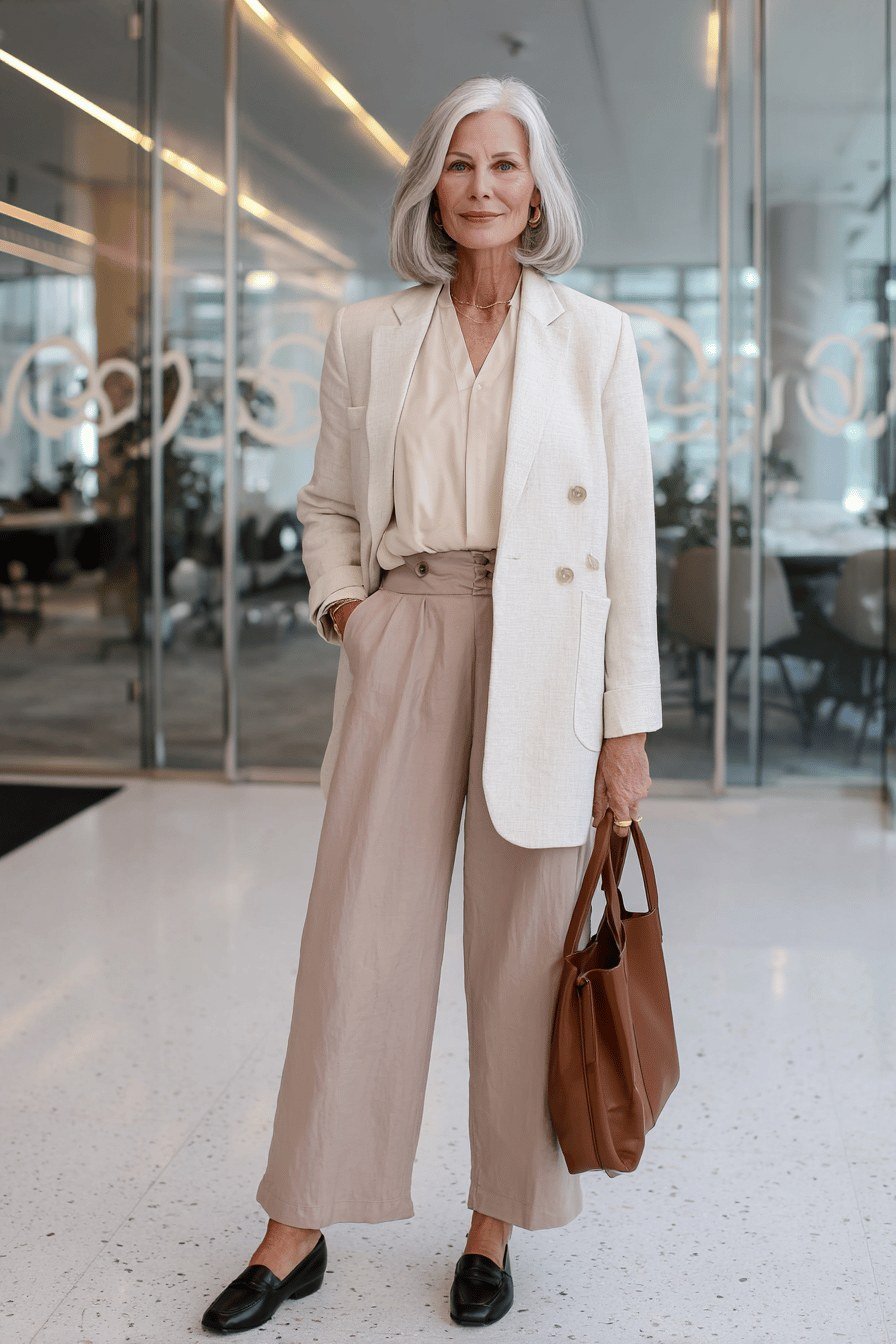 Cream Blazer with Beige Wide-Leg Trousers in a Glass Office - work outfit idea for women over 50