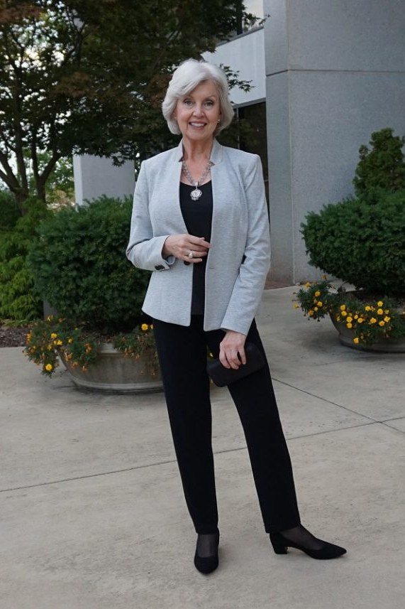 Pale Blue Blazer with Black Separates - work outfit idea for women over 50