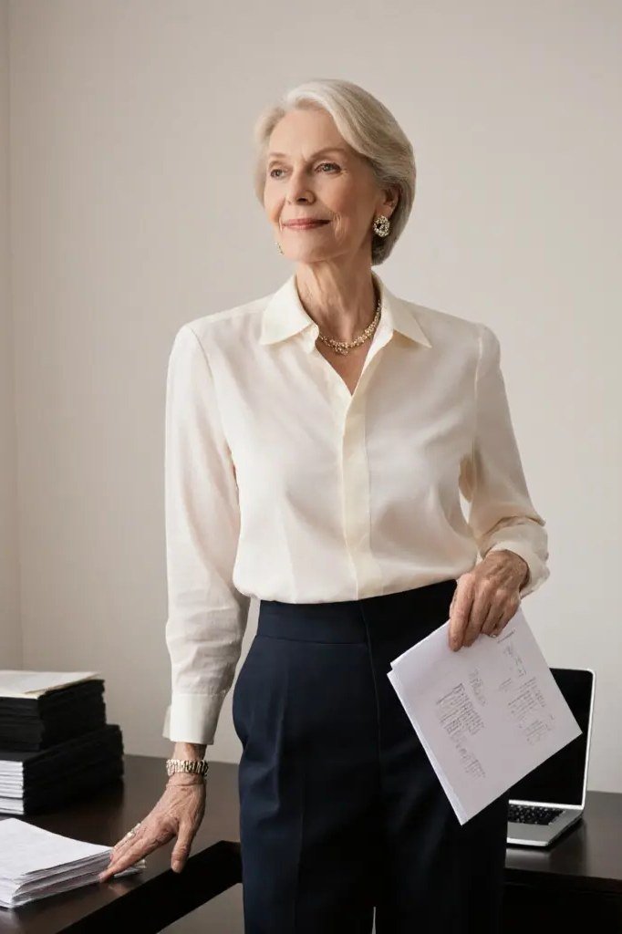 Ivory Silk Blouse with Navy Trousers - work outfit idea for women over 50