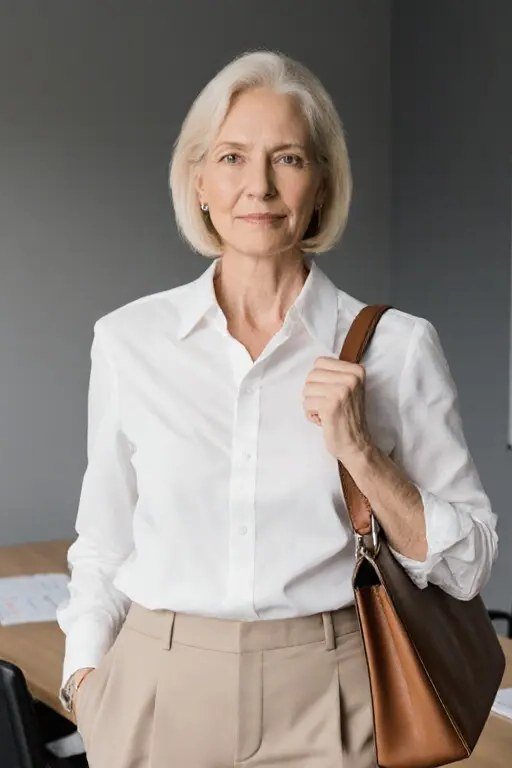 White Shirt with Beige Trousers and Brown Shoulder Bag - work outfit idea for women over 50