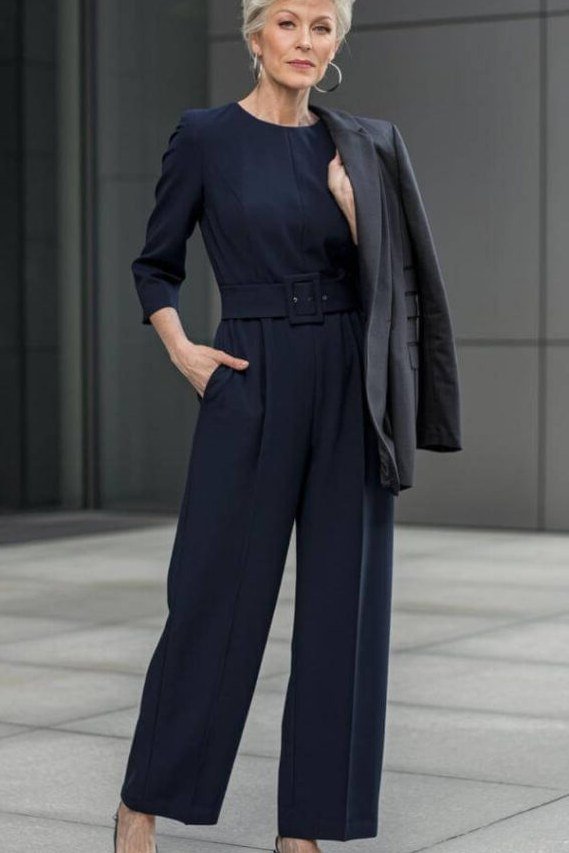 Navy Jumpsuit with Blazer Draped Over Shoulder - work outfit idea for women over 50