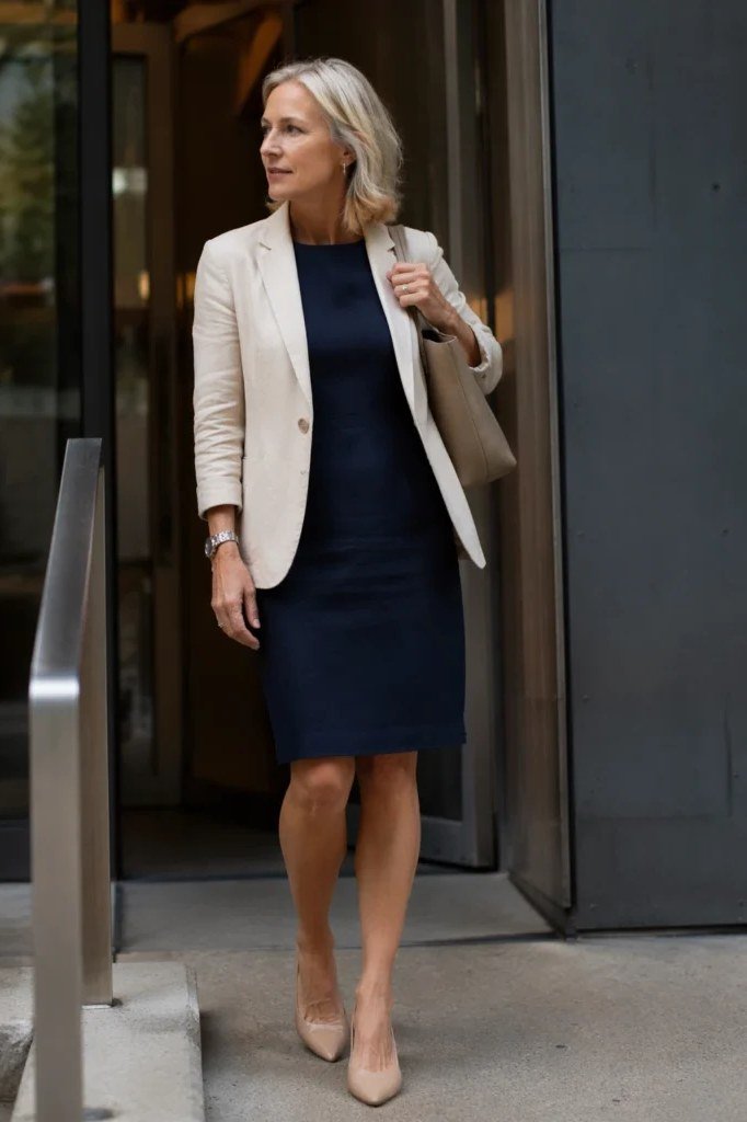 Cream Blazer with Navy Sheath Dress - work outfit idea for women over 50