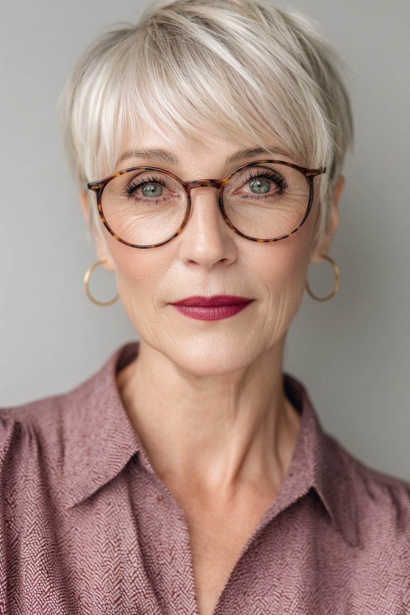 Silver side-swept pixie haircut with glasses on a woman over 70, easy wash-and-wear style