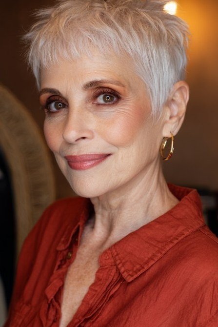 Short silver pixie haircut for older women, low-maintenance wash-and-wear crop