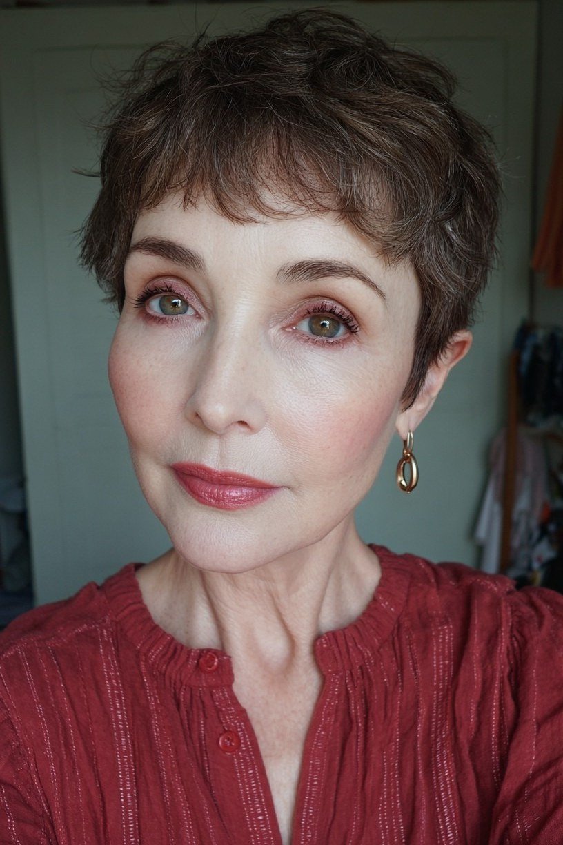 Dark chocolate brown pixie haircut for women over 70, sleek easy-care short style