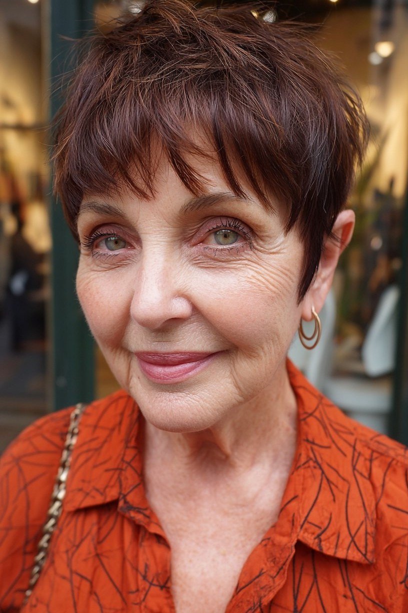 Chestnut brown pixie haircut with fringe for women over 70, easy short hairstyle