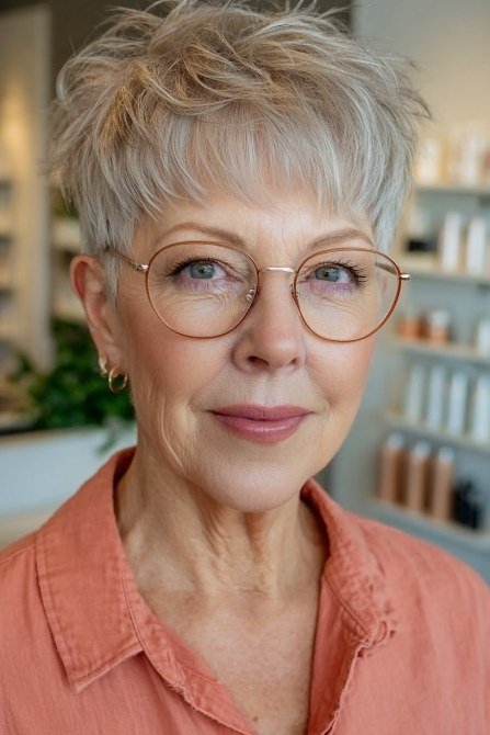 Classic white pixie haircut with glasses for older women, timeless wash-and-wear style