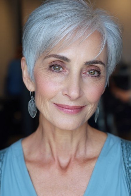 Neat white pixie haircut for women over 70, simple low-maintenance short hairstyle