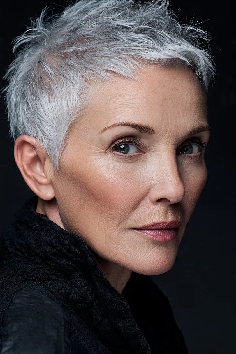 White spiky textured pixie haircut for senior women, modern wash-and-wear crop