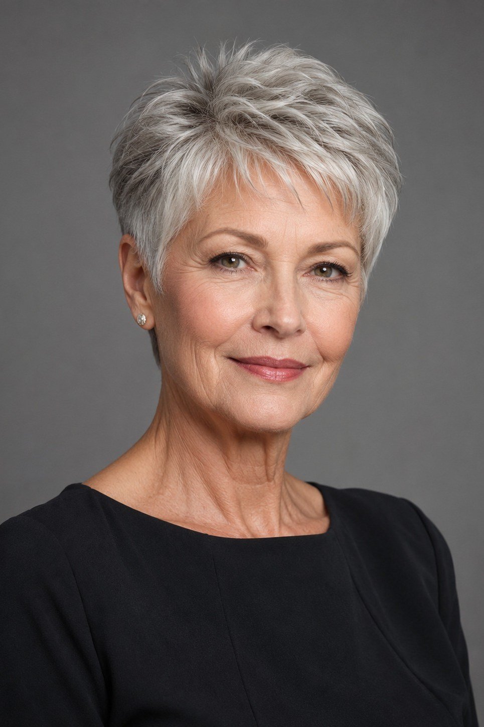Polished gray pixie haircut for women over 70, smooth easy-care short style