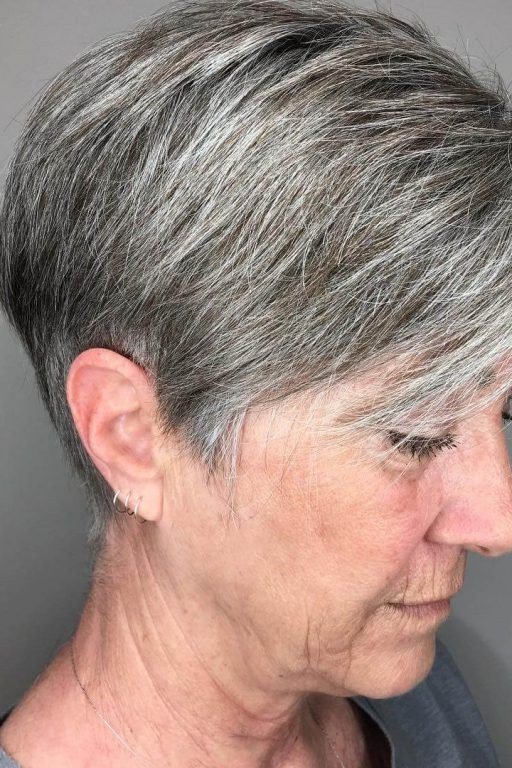 Soft gray pixie haircut for older women, relaxed wash-and-wear layered crop