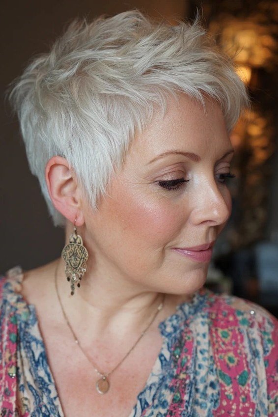 White tapered pixie haircut for women over 70, neat easy short hairstyle