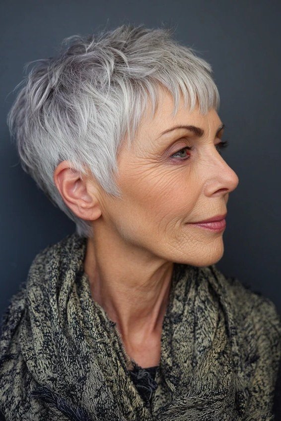 Neat gray pixie haircut side view for women over 70, close-cropped easy style