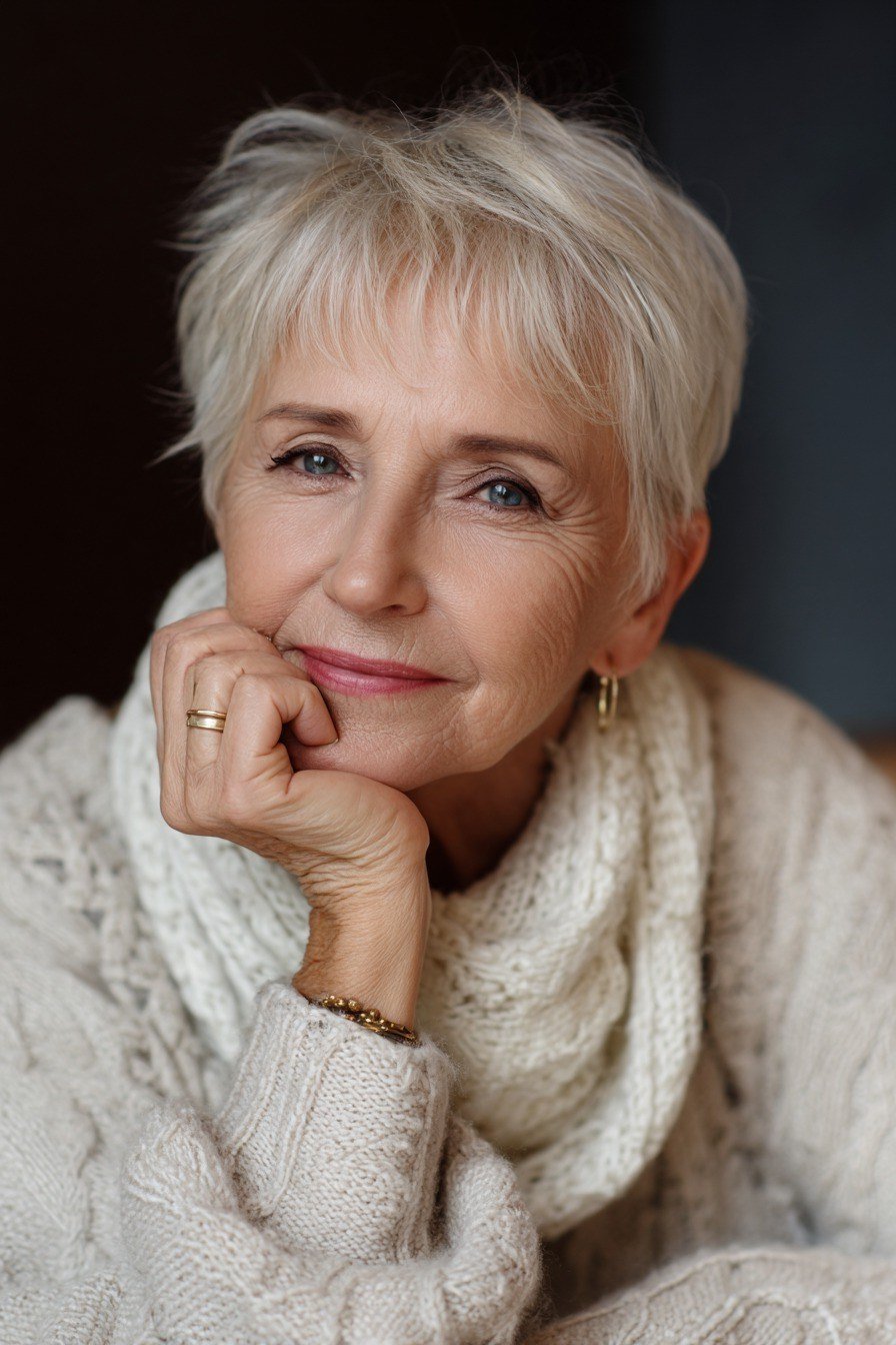 Neat silver pixie haircut for senior women, simple wash-and-wear short style