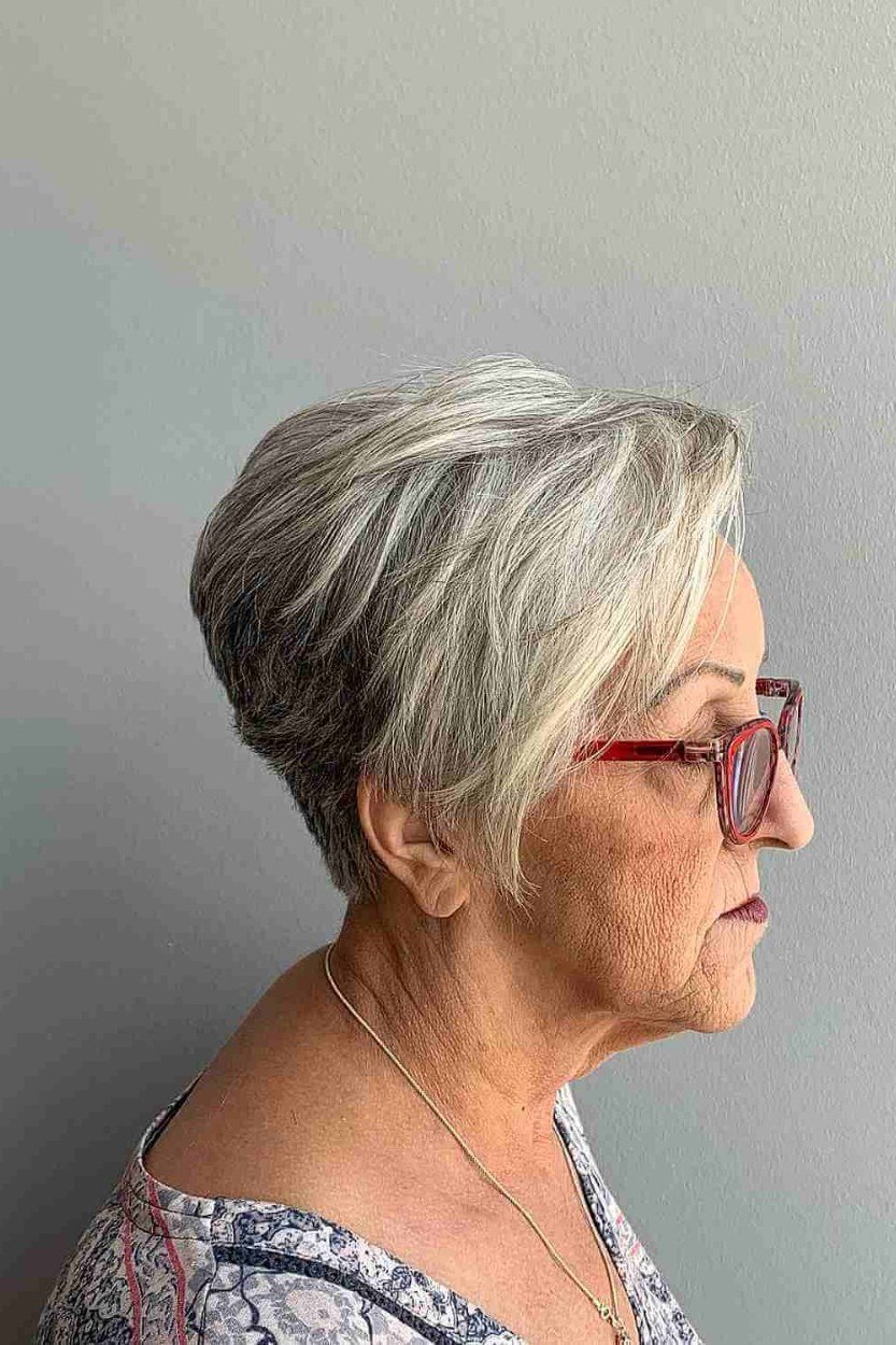 Textured gray pixie haircut with glasses for women over 70, modern easy crop