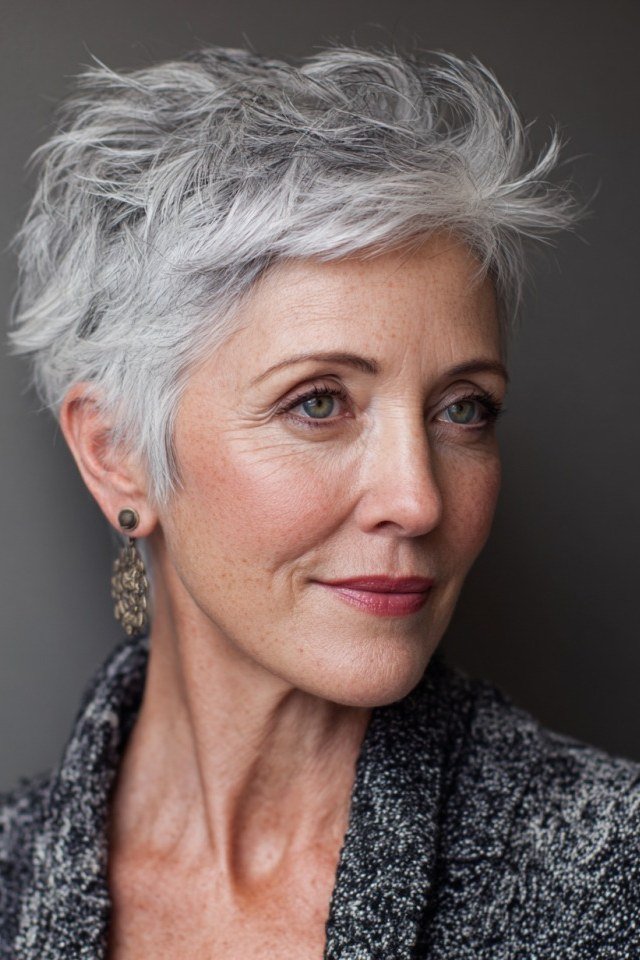 Silver spiky pixie haircut for women over 70, bold textured wash-and-wear crop