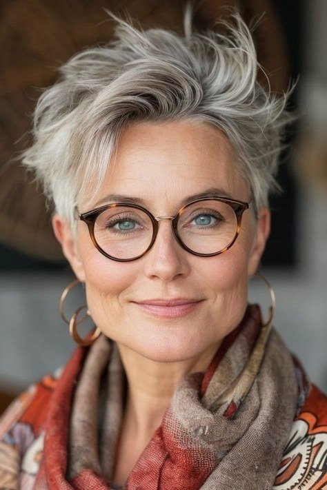Neat silver pixie haircut with glasses for older women, classic easy short style