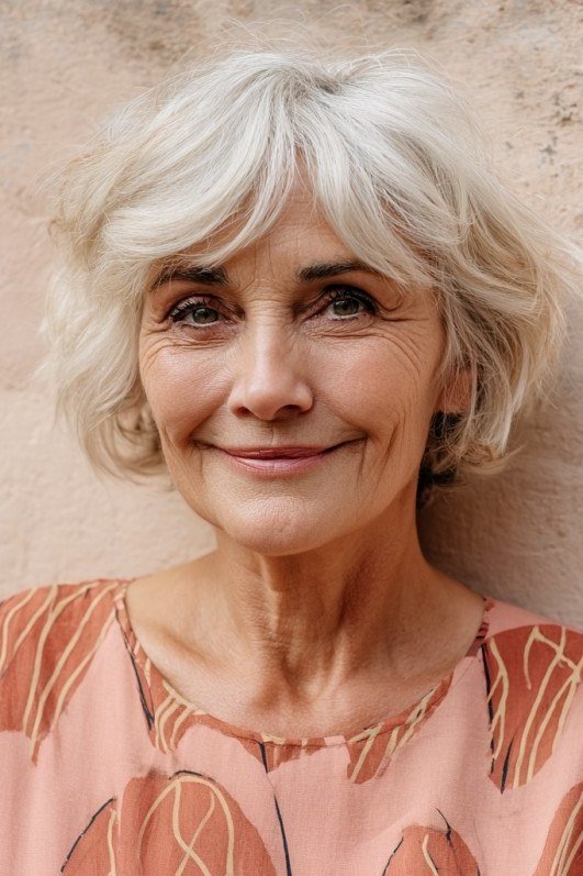 Silver wavy bob haircut for senior women, natural wash-and-wear medium style