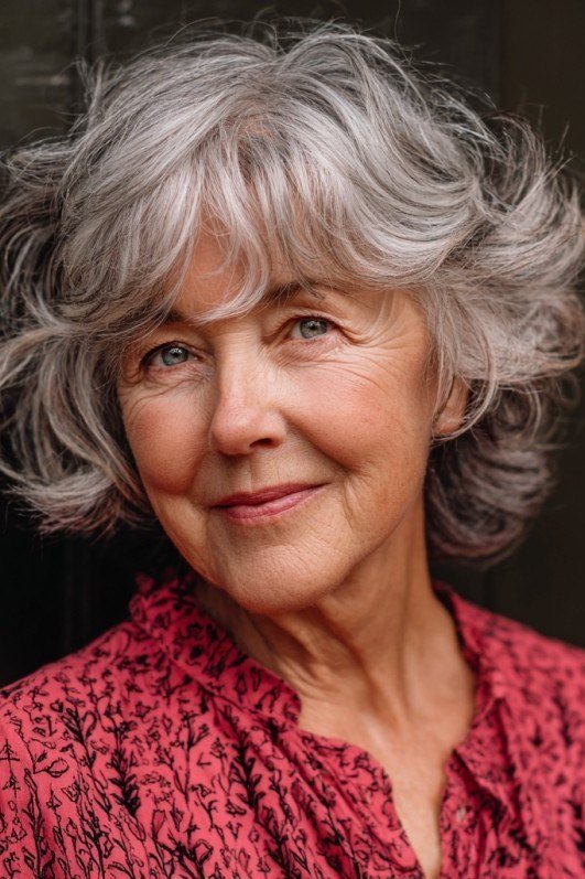 Silver curly bob haircut for women over 70, bouncy easy-care hairstyle
