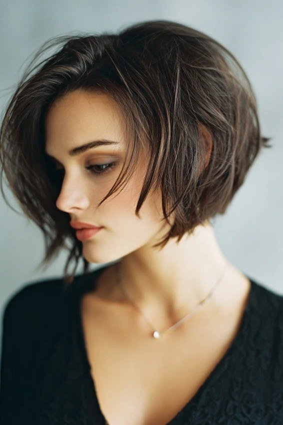 Dark brown chin-length bob haircut for older women, rounded easy hairstyle