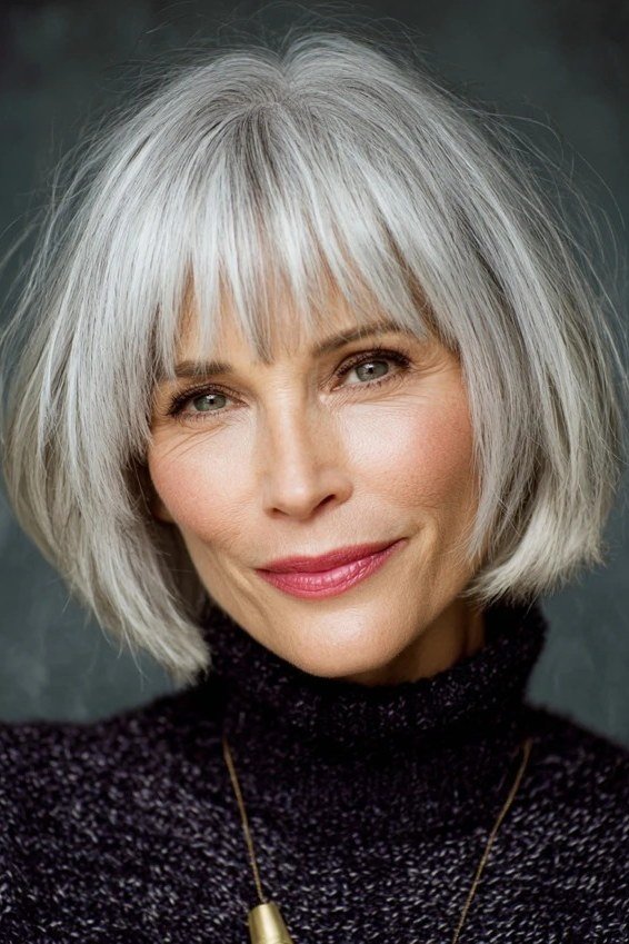 Silver bob haircut with wispy bangs for older women, soft wash-and-wear style