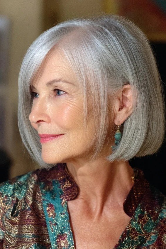 Sleek silver bob haircut side view for women over 70, smooth easy hairstyle