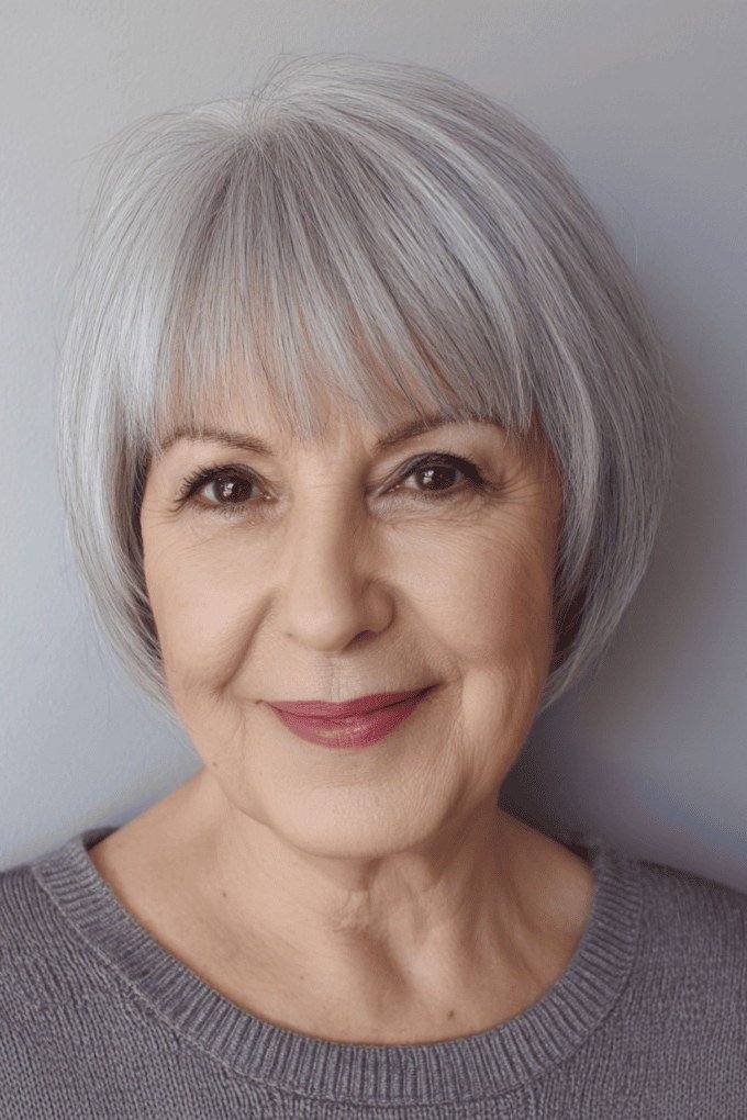 Silver bob haircut with bangs for senior women, classic wash-and-wear style