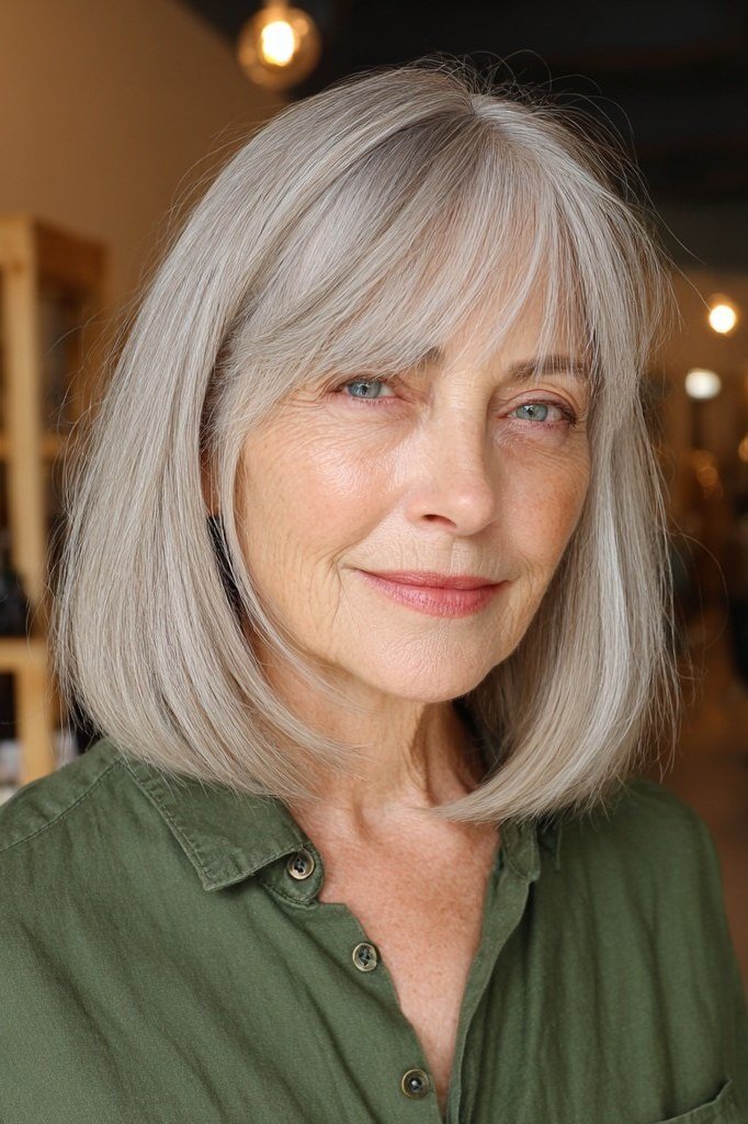 Silver shoulder-length bob haircut for women over 70, relaxed easy hairstyle