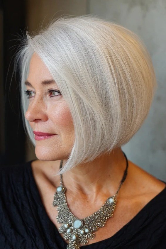White rounded bob haircut for women over 70, soft full easy-care style