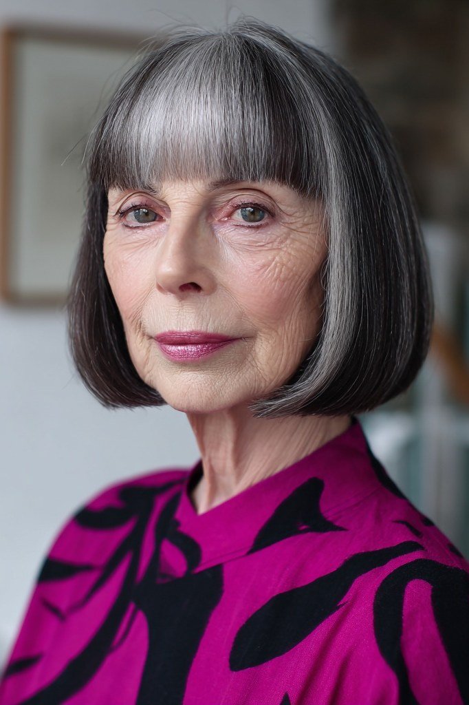 Dark bob haircut with white streak bangs for senior women, modern wash-and-wear style