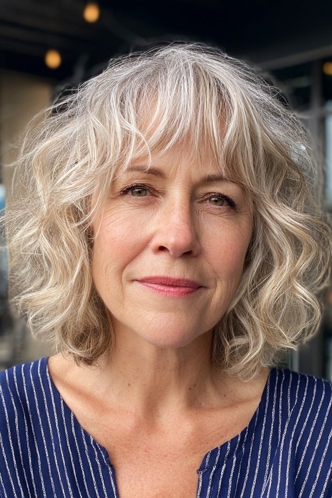 Blonde curly shoulder-length bob for senior women, natural wash-and-wear curls