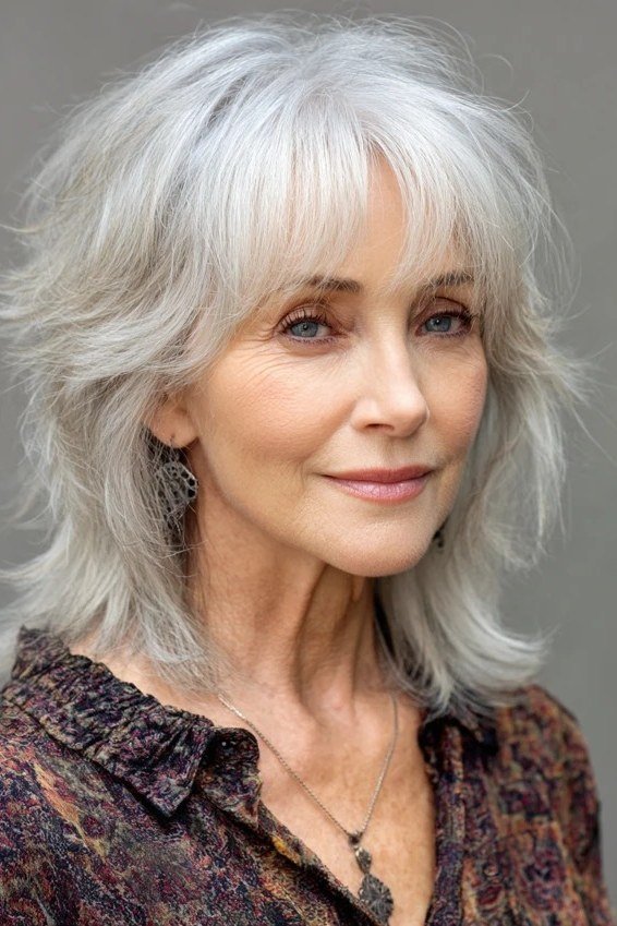 Silver shaggy shoulder-length haircut for women over 70, layered easy style