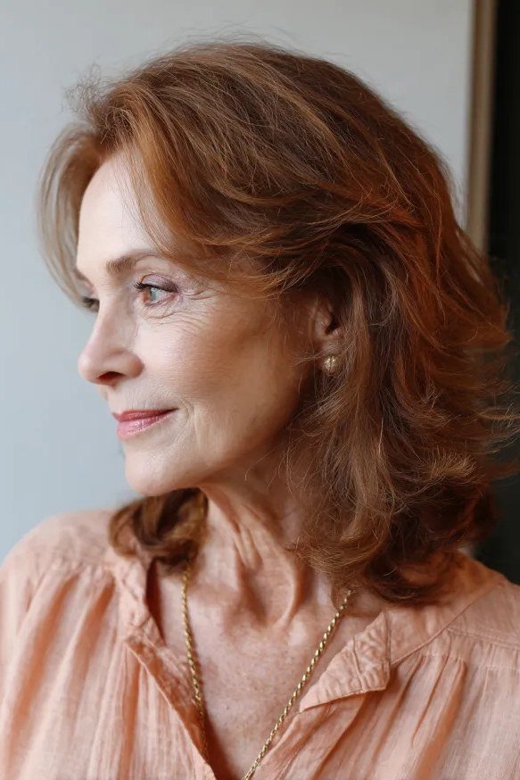 Auburn wavy shoulder-length haircut side view for older women, warm easy style