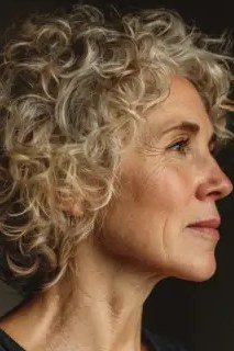 Gray-blonde curly bob haircut side view for senior women, dimensional easy style