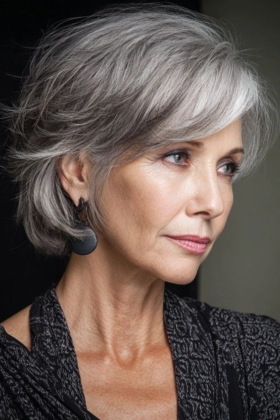 Silver wavy shaggy bob haircut side view for women over 70, layered easy style
