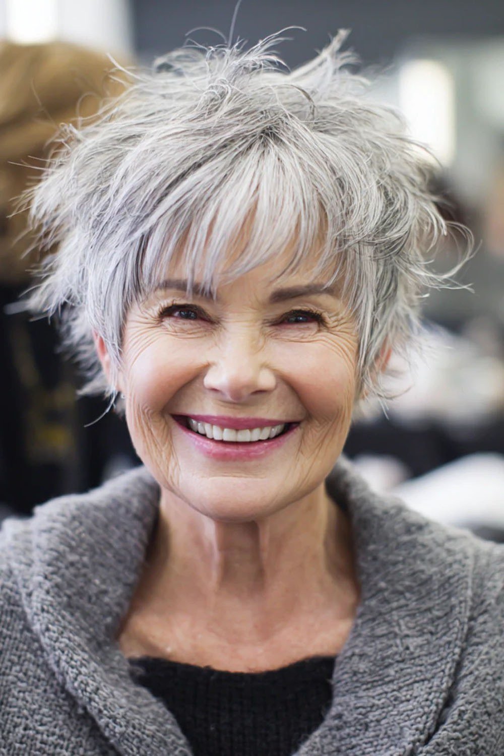 Straight silver bob haircut for senior women, sleek wash-and-wear style