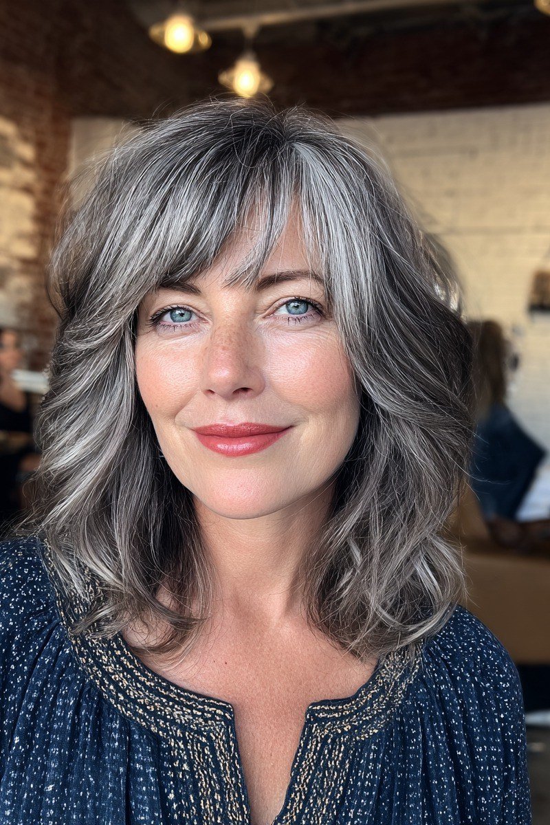 Gray wavy shoulder-length bob for older women, natural wash-and-wear style