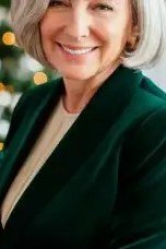 Green Velvet Blazer Over a Cream Top worn by older woman, green velvet blazer over cream top by Christmas tree